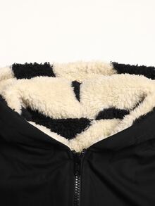SHEIN 少女休閒愛心印花保暖內裡連帽派克夾克外套，秋冬返校季適用 - 黑色 - 查看 6