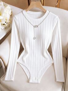 SHEIN LUNE Women Round Neck Ribbed Long Sleeve Bodysuit Slim Stretch Basic Daily Top - Apricot - View 3