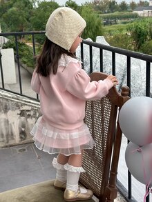 DAZY Infant/Toddler (Girl) Round Neck Lace Ruffle Trim Long Sleeve Comfortable Casual Sweatshirt Set, Autumn/Winter - Baby Pink - View 2