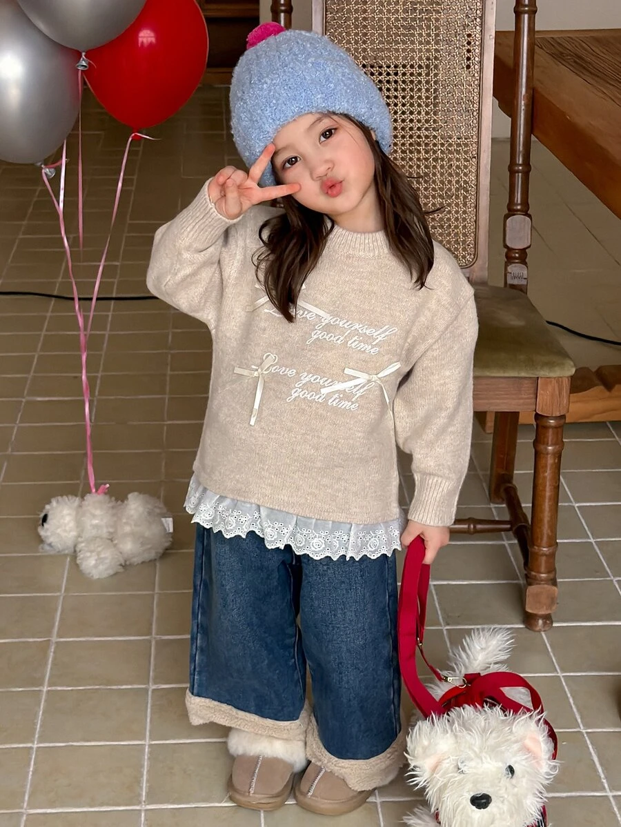 DAZY Infant (Girl) Round Neck English Print Bow Long Sleeve Autumn/Winter Sweater - Beige - View 1
