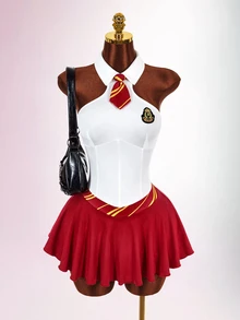Amplova Halloween Magic Academy Style Cut-Out Waist Umbrella Skirt Cross Strap Backless With Lining Tie Neck Women's Fitted Mini Dress - Burgundy - View 1