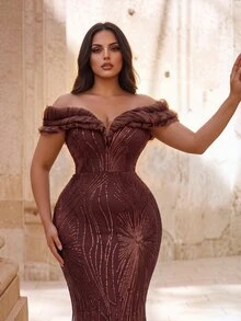 Elovaire Autumn/Winter Elegant Classy Sequin Off-Shoulder Backless Mermaid Hem Formal Evening Dinner Gown, Wedding Guest Dress, Graduation Ceremony Brown - Brown - View 5