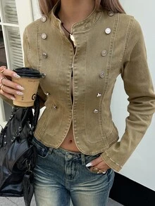 Livesso Women's Long Sleeve Double-Breasted Button Design Casual Denim Jacket - Khaki - View 3