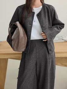 Dazy-Less Women's Solid Color Long Sleeve Single-Breasted Jacket And Pants Casual 2 Pieces Set - Grey - View 4
