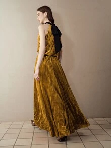 MOTF PREMIUM GOLD HALTER NECK PLEATED EVENING DATE LONG DRESS - Gold - View 2
