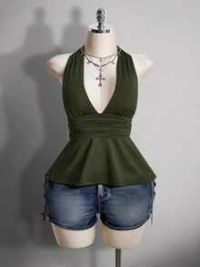 SHEIN ICON 大尺碼 V 領收腰 A 字版型露背黑色細肩帶背心，復古哥德性感 Y2K 掛脖娃娃上衣，夏季電音派對外出上衣 - 軍綠色 - 查看 3