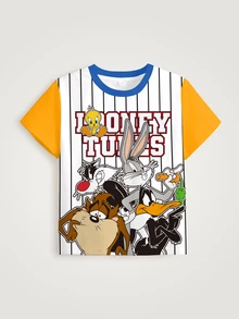 LOONEY TUNES X SHEIN 小男孩字母條紋印花圓領短袖休閒T恤 - 白色 - 查看 4