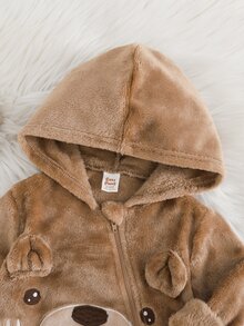 Cozy Pixies 男嬰卡通熊圖案保暖內裡加厚 3D 可愛耳朵連帽拉鍊長袖連身衣（冬季款），百搭舒適 - 卡其色 - 查看 4