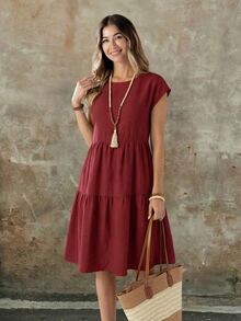 EMERY ROSE Women's Casual Linen-Like Green Short Sleeve Round Neck Mid-Length Dress, Spring/Summer - Red - View 3
