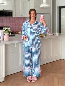 Slumberry CURVE Sweet Hot Girl Contrast Color Striped Bow Puff Wrinkle Plus Size Pajama Set - Blue - View 3