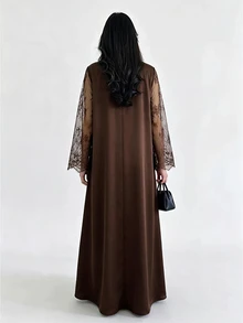 Al Najma Autumn/Winter V-Neck Lace Long Sleeve Inner Layer Lace 2 In 1 Elegant Elegant Fashionable Generous Women's Dress - Brown - View 3