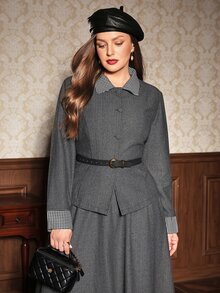 Auvina British Style Tweed 2 Pieces Set, Contrast Color Houndstooth Collar Waist-Cinching Top + Full Skirt Long Skirt, Autumn/Winter Commuter Outfit - Grey - View 1