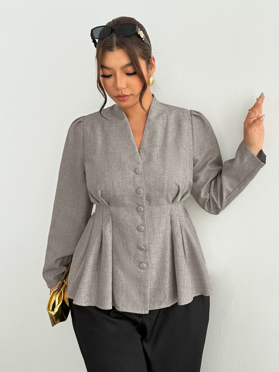 Firerie Slimming Pleated-Waist Shirt / Elegant Plus-Size Long-Sleeve Grey Workwear Top / Button-Front / Blazer-Style - Grey - View 1