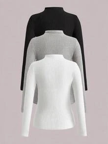 SHEIN VCAY 大尺碼女款基礎純色多件組長袖T恤內搭衫，適合秋季、晚間、假日、正式場合，黑色灰色白色，休閒寬鬆款 - 彩色 - 查看 2