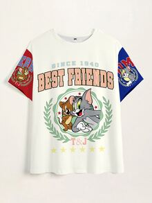 TOM & JERRY X SHEIN Plus Size Letter Cartoon Print Casual Daily Short Sleeve T-Shirt - White - View 7