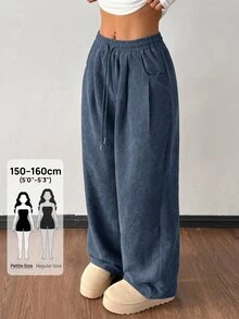 SHEIN PETITE 女款秋冬街頭時尚休閒復古燈芯絨紋理寬鬆長褲，小個女款上班通勤咖啡棕色 - 水鴨藍 - 查看 11