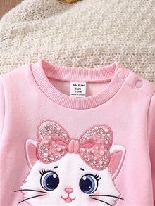 SHEIN 2pcs Newborn Girl Cute Pink Knitted Cartoon Pattern Sweatshirt And Elastic Waist Long Pants Set - Pink - View 4
