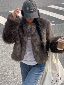 Muchica 女款素色長袖休閒街頭風優雅毛茸茸外套，適合秋冬夜生活、旅行度假，米色 - 咖啡棕 - 查看 5