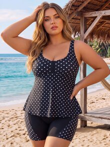 SHEIN CURVE+ Plus Size Women's Summer Beach Polka Dot Tankini And Tankini Bottom Two-Piece Swimsuit Set - Black - View 3