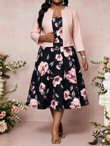 SHEIN Lady CURVE Plus Size Women Floral Print Dress And Solid Color Cardigan Casual Elegant 2 Pieces Set Party Wedding Dusty Pink - Multicolor - View 5