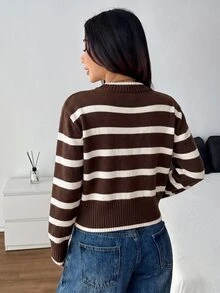 SHEIN PETITE 女款立領黑白條紋極簡毛衣，休閒日常穿著，適合嬌小身型，秋冬適用 - 咖啡棕 - 查看 2