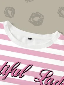 Betty Boop x SHEIN Plus Size Women's Striped Letter Cartoon Print Casual Daily Short Sleeve T-Shirt - White - View 4