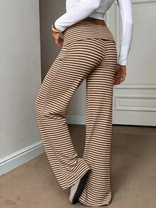 SHEIN Tall 女款休閒卡其色條紋長褲，適合上班與休閒穿著 - 棕色 - 查看 4
