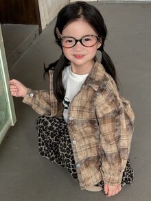 Dazy Kids 女童格紋休閒百搭日常穿著襯衫 秋季 - 卡其色 - 查看 6