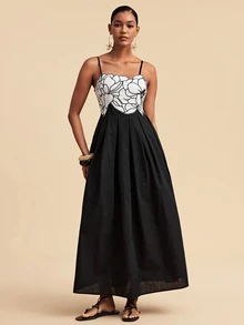 Travachic Elegant Embroidered Fashion Pleated Spaghetti Strap Dress - Black - View 4