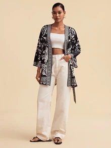 Travachic Women's All-Over Print Waist Tie Casual Versatile Long Sleeve Jacket - Black - View 3