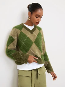 Maija Holiday Party Urban Green Autumn/Winter Women's Plaid Small V-Neck Sweater - Army Green - View 1