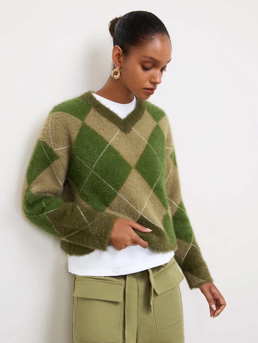 Maija Holiday Party Urban Green Autumn/Winter Women's Plaid Small V-Neck Sweater - Army Green - View 1