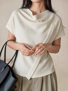 Dazy-Less Women's Korean Style Minimalist Ribbed Draped T-Shirt For Daily Wear - Light Yellow - View 4