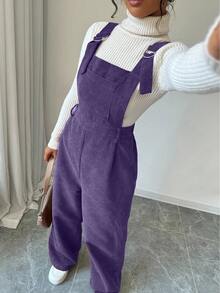 Elenzga Jumpsuit Tanpa Lengan dengan Tali Tebal Warna Polos untuk Wanita, Bahan Korduroi, Musim Gugur/Dingin - Purple - View 6