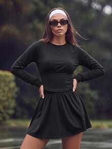 CourtClass Women's Long-Sleeve Raglan Crop Top Crew Neck, Ruched Waist, Slim-Fit, Body-Hugging Style - Navy Blue - View 3