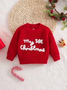SHEIN Newborn Baby Letter Pattern Casual Daily Long Sleeve Sweater - Red - View 3