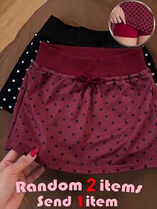 SHEIN Tween女孩小波點針織裙，內建內搭褲，休閒抽繩裙 - 酒紅色 - 查看 3