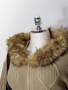 SHEIN ICON Women's Plus Size Zipper Faux Fur Hooded Knit Sweater - Khaki - View 5