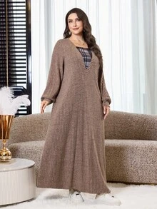 Veilorie كنزة رياضية أنيقة بمقاس كبير بتصميم مربعات وقطع متداخلة وأكمام طويلة 2 في 1 - قهوة بني - مشاهدة 4