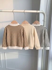 SHEIN 3件組嬰兒男/女童休閒基礎條紋圓領衛衣，秋冬中性嬰兒服飾 - 彩色 - 查看 2