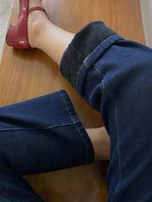 Dazy Plus Thermal Lined Thickened Straight Leg Cropped Jeans, Fun Commute Style, Autumn/Winter New - Dark Wash - View 4