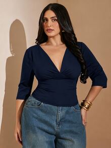 SHEIN BAE CURVE 大尺碼女款純色深V領短袖修身T恤 - 藏蓝色 - 查看 7