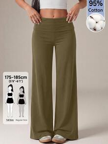 SHEIN Tall 黑色高腰寬腿寬鬆休閒基礎長褲居家服 秋季 高個女性適用 - 軍綠色 - 查看 10