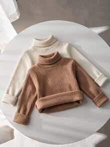 SHEIN 2件組少女秋冬高領針織內搭上衣，柔軟羅紋針織面料，高領設計，杏色溫柔乾淨、奶油白清新百搭，適合少女日常上學、幼兒園、外出、拍照，柔軟舒適不刺激 - 彩色 - 查看 5