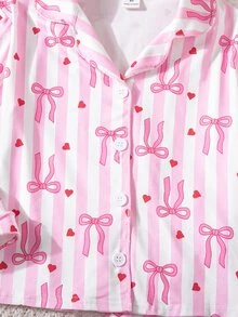 SHEIN 女童可愛休閒針織粉色蝴蝶結圖案長袖居家服套裝 - 粉色 - 查看 5