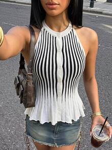 SHEIN ICON Black And White Striped Backless Halter Knit Tank Top - Black and White - View 5