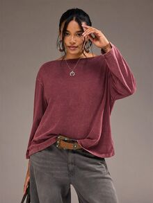 Freevana ملابس علوية طويلة الأكمام مقاس كبير بياقة قارب وظهر منسدل مع رقعات دانتيل زهرية وغسيل حمضي أسود عتيق للخريف - عنابي اللون - مشاهدة 4