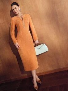 MOTF PREMIUM WOMEN'S V-NECK WAIST-CINCHING RIBBON DECOR MIDI DRESS, AUTUMN/WINTER - Orange - View 5