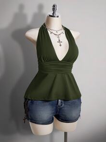 SHEIN ICON 大尺碼 V 領收腰 A 字版型露背黑色細肩帶背心，復古哥德性感 Y2K 掛脖娃娃上衣，夏季電音派對外出上衣 - 軍綠色 - 查看 9