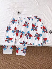 SHEIN 2件組小男孩長袖上衣與長褲套裝，紅色卡通酷圖案，簡約休閒舒適可愛，柔軟針織居家服，四季皆宜 - 白色 - 查看 2